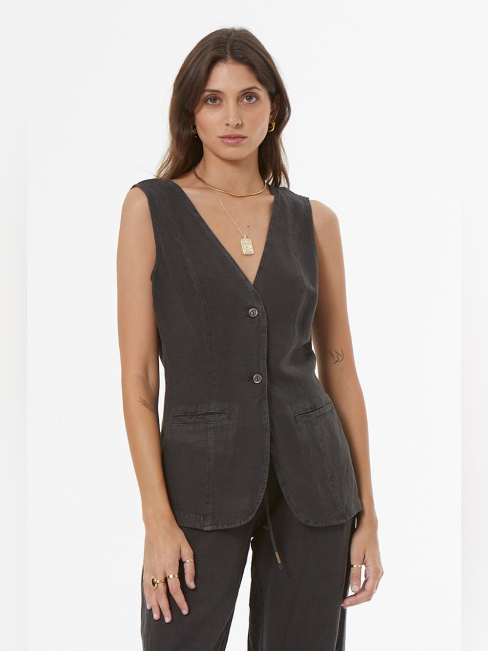 YFB Young Fabulous & Broke Loa Vest Black Olive Linen Blend Size L NWOT